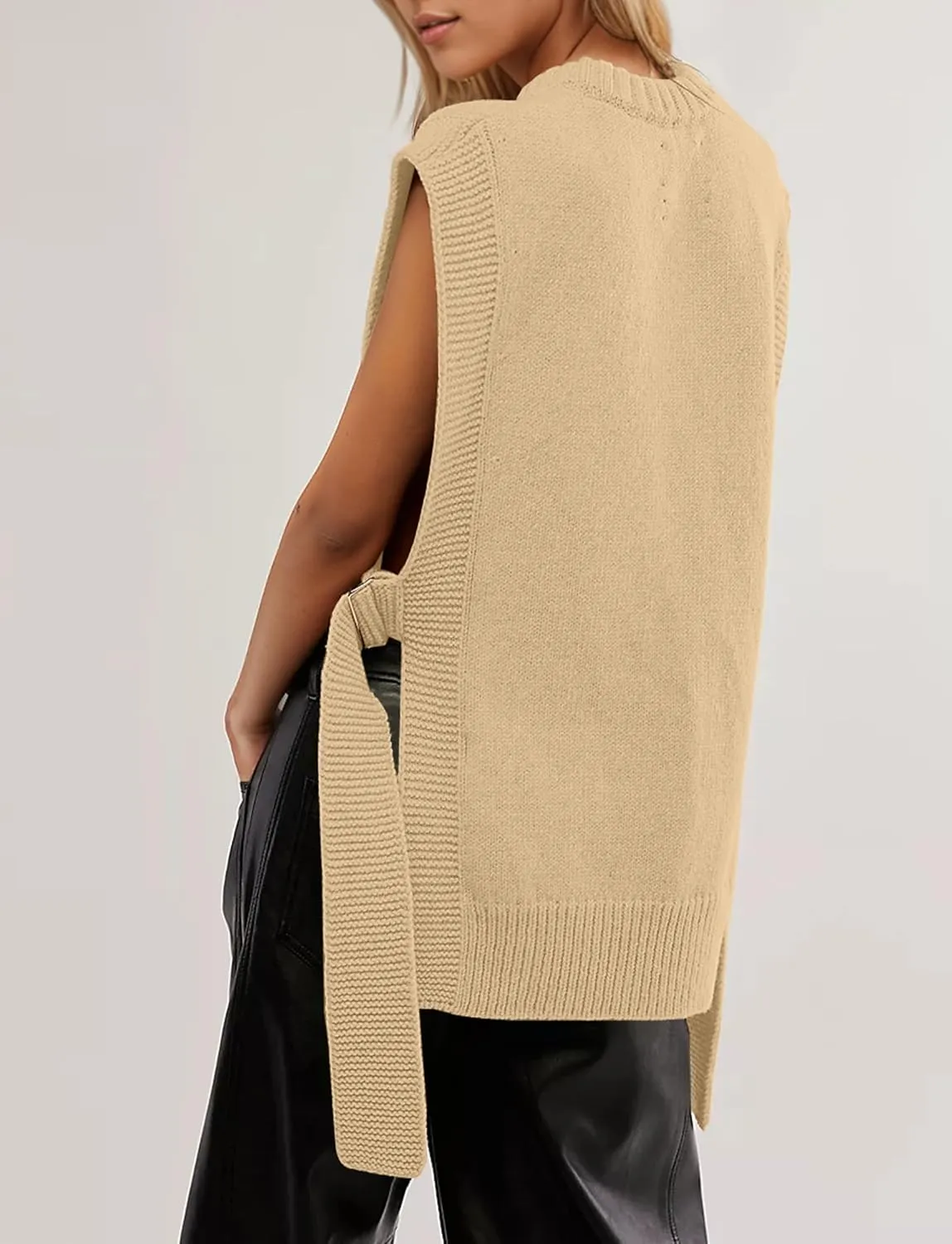 Women Oversized Crew Neck Sleeveless Sweater Vest Top High Low Hem Tie Up Knitted Pullover Tank Tops