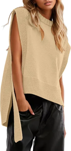Women Oversized Crew Neck Sleeveless Sweater Vest Top High Low Hem Tie Up Knitted Pullover Tank Tops