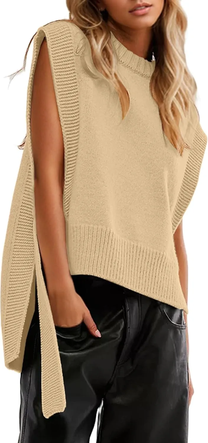 Women Oversized Crew Neck Sleeveless Sweater Vest Top High Low Hem Tie Up Knitted Pullover Tank Tops