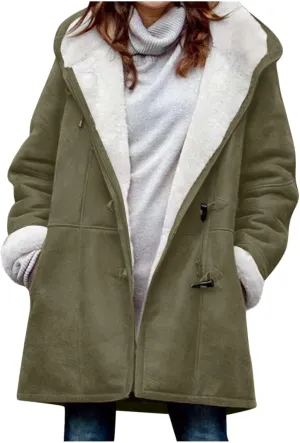 Women Sherpa Lined Coats Winter Warm Fashion Horn Button Fleece Thicken Hooded Casual Jackets Long Sleeve Outerwear