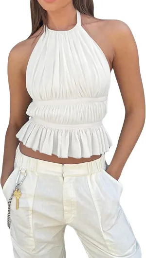 Women Sleeveless Camisole Tank Top Ruched Solid Color Ruffle V Neck Sleeveless Summer Crop Tops Streetwear Clubwear