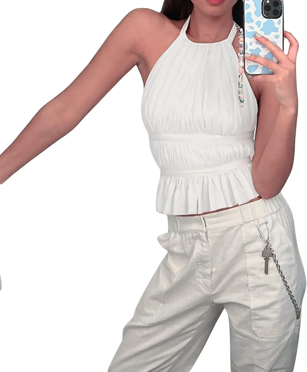 Women Sleeveless Camisole Tank Top Ruched Solid Color Ruffle V Neck Sleeveless Summer Crop Tops Streetwear Clubwear