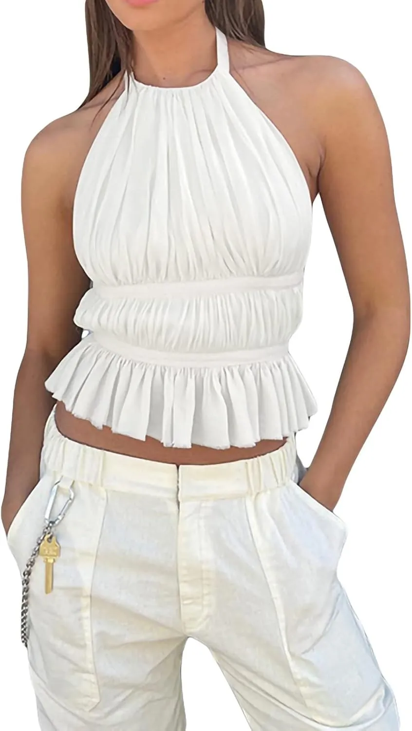Women Sleeveless Camisole Tank Top Ruched Solid Color Ruffle V Neck Sleeveless Summer Crop Tops Streetwear Clubwear