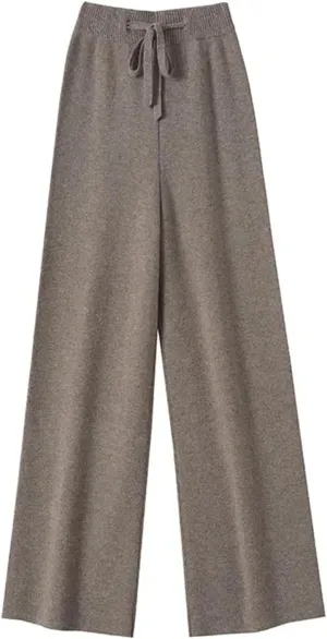 Women Spring Autumn High Waist Wide Leg Pants Solid Warm Merino Wool Knitted Casual with Drawstring Trousers