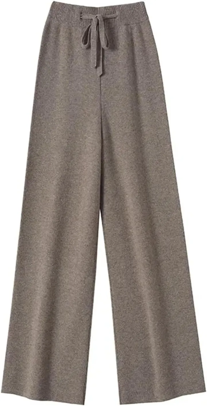 Women Spring Autumn High Waist Wide Leg Pants Solid Warm Merino Wool Knitted Casual with Drawstring Trousers