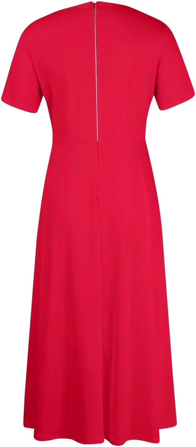 Women Spring High Waist Short Sleeve Casual Solid Color Round Neck Drawstring Swing Big Hem Maxi Dresses, XL-5XL