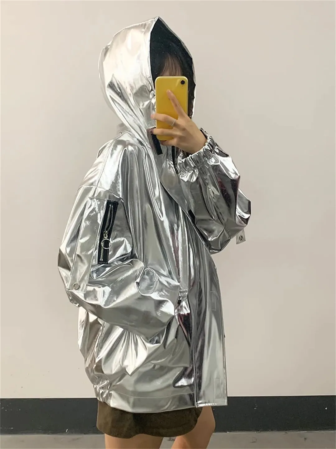 Women Spring Oversized Cool Silver Gold Blue Shiny Reflective Patent Pu Leather Jacket