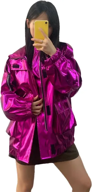 Women Spring Oversized Cool Silver Gold Blue Shiny Reflective Patent Pu Leather Jacket