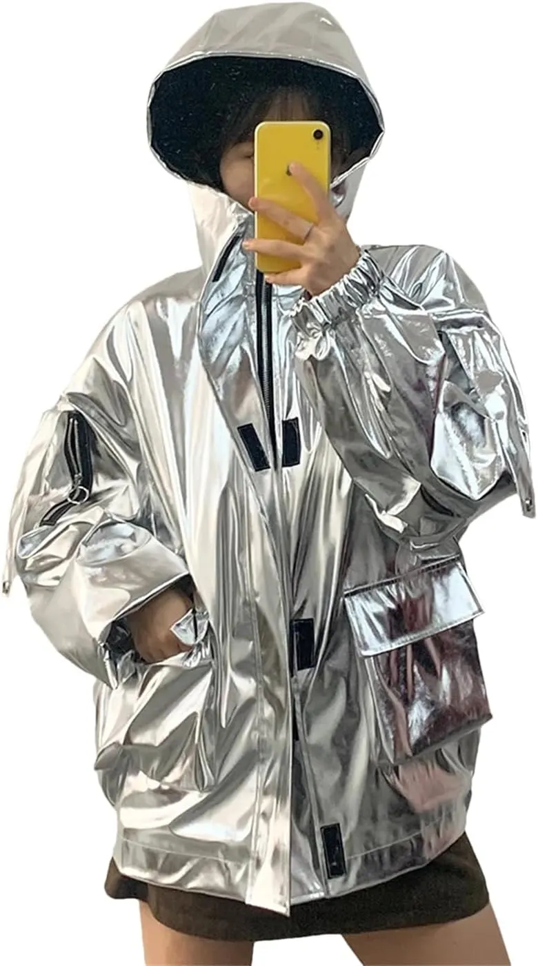 Women Spring Oversized Cool Silver Gold Blue Shiny Reflective Patent Pu Leather Jacket