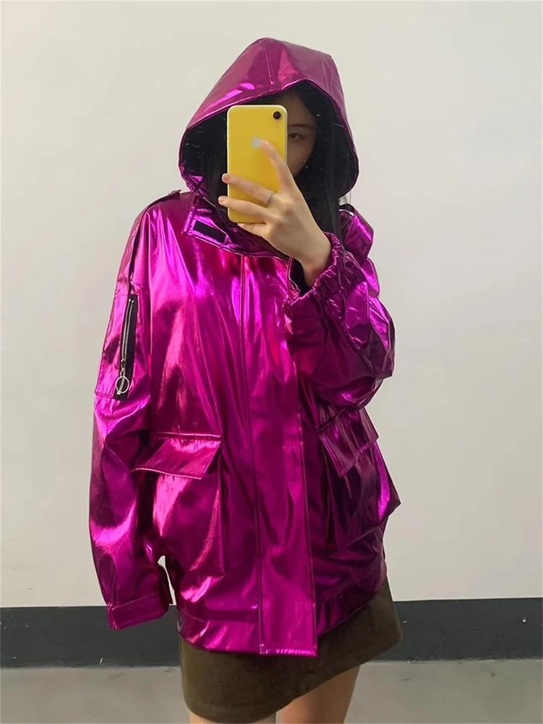 Women Spring Oversized Cool Silver Gold Blue Shiny Reflective Patent Pu Leather Jacket