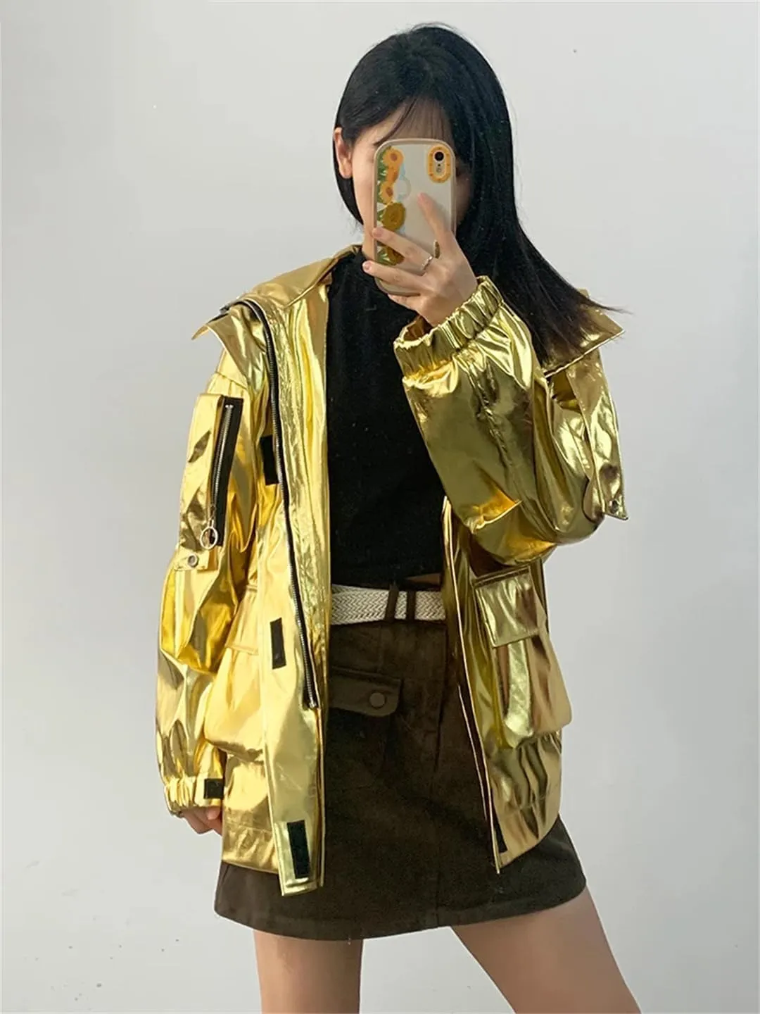 Women Spring Oversized Cool Silver Gold Blue Shiny Reflective Patent Pu Leather Jacket