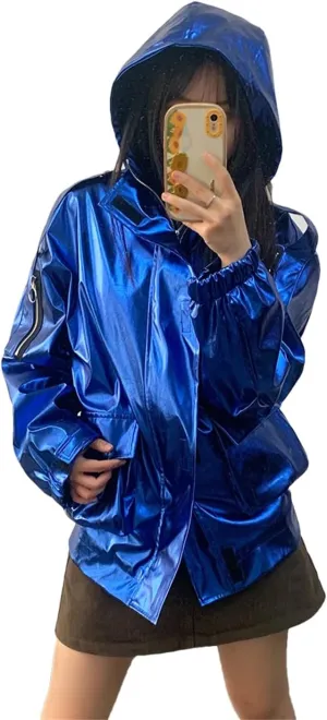 Women Spring Oversized Cool Silver Gold Blue Shiny Reflective Patent Pu Leather Jacket