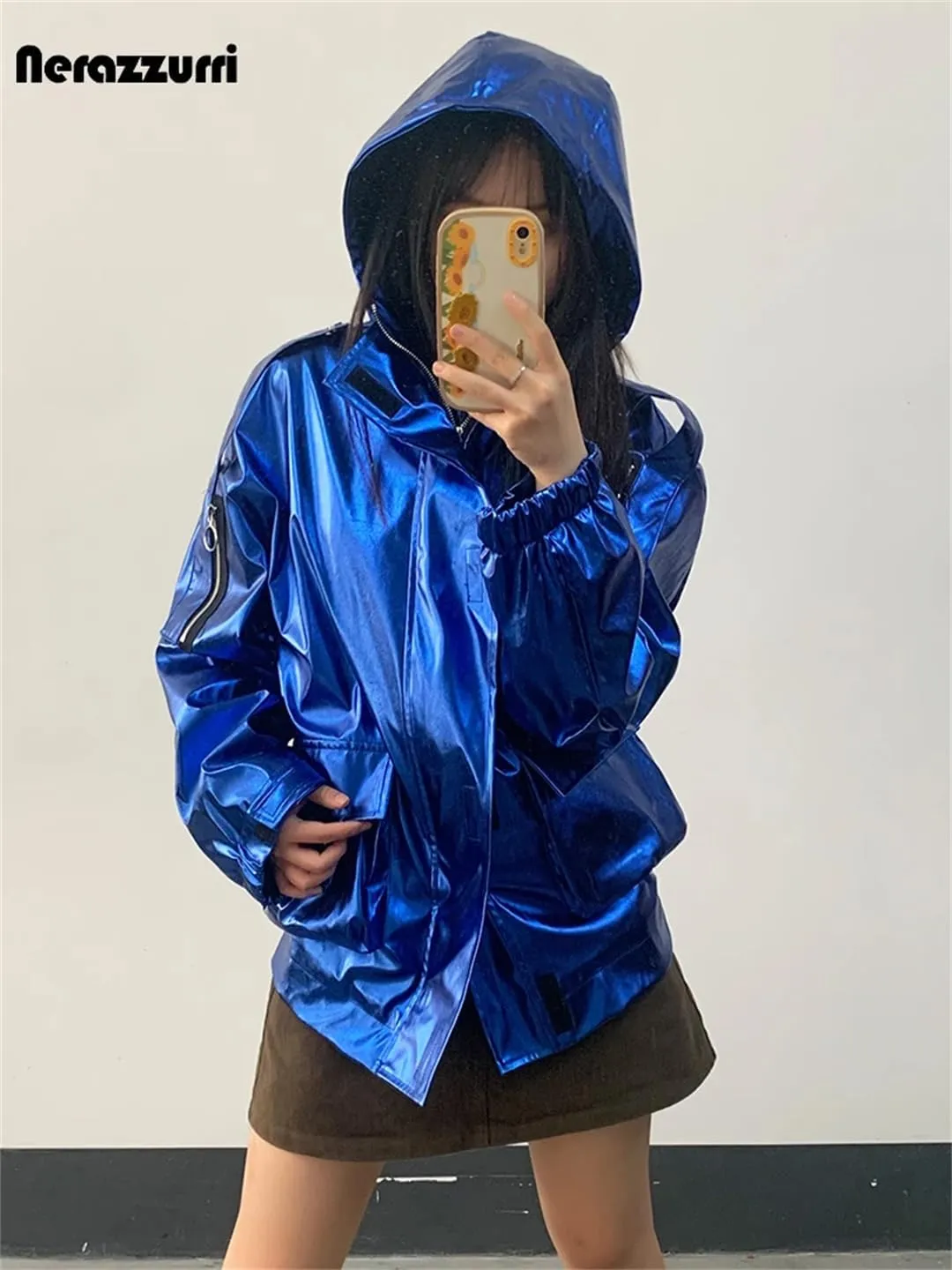 Women Spring Oversized Cool Silver Gold Blue Shiny Reflective Patent Pu Leather Jacket