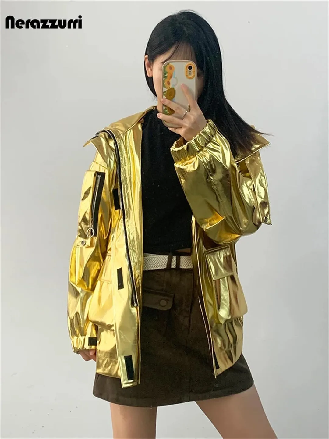 Women Spring Oversized Cool Silver Gold Blue Shiny Reflective Patent Pu Leather Jacket