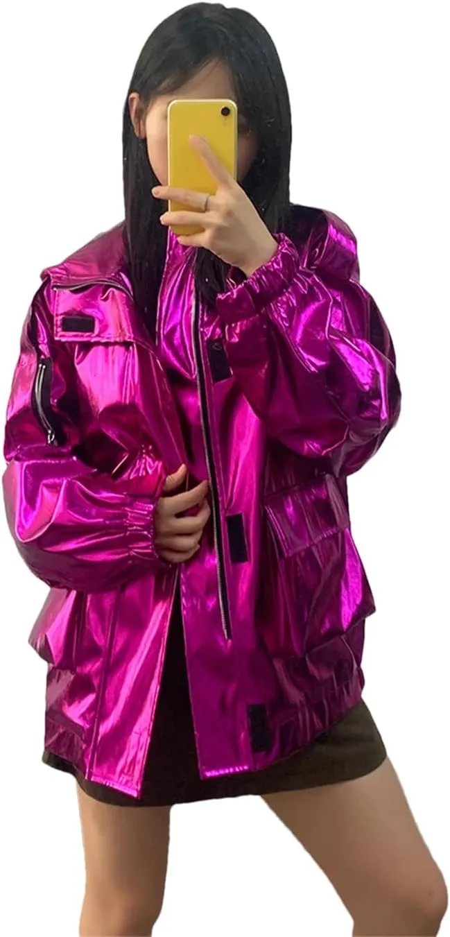 Women Spring Oversized Cool Silver Gold Blue Shiny Reflective Patent Pu Leather Jacket