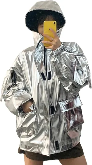 Women Spring Oversized Cool Silver Gold Blue Shiny Reflective Patent Pu Leather Jacket