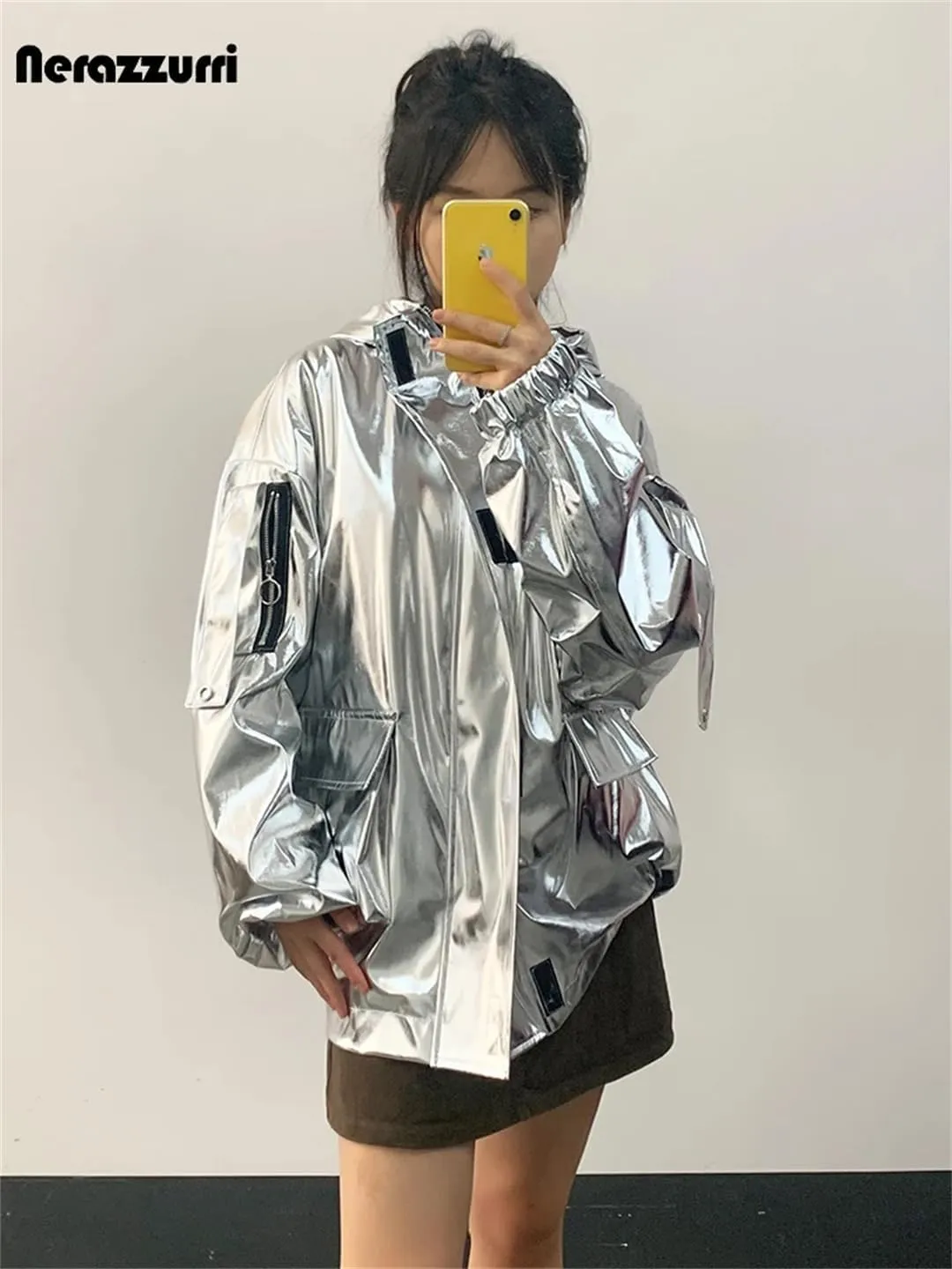 Women Spring Oversized Cool Silver Gold Blue Shiny Reflective Patent Pu Leather Jacket