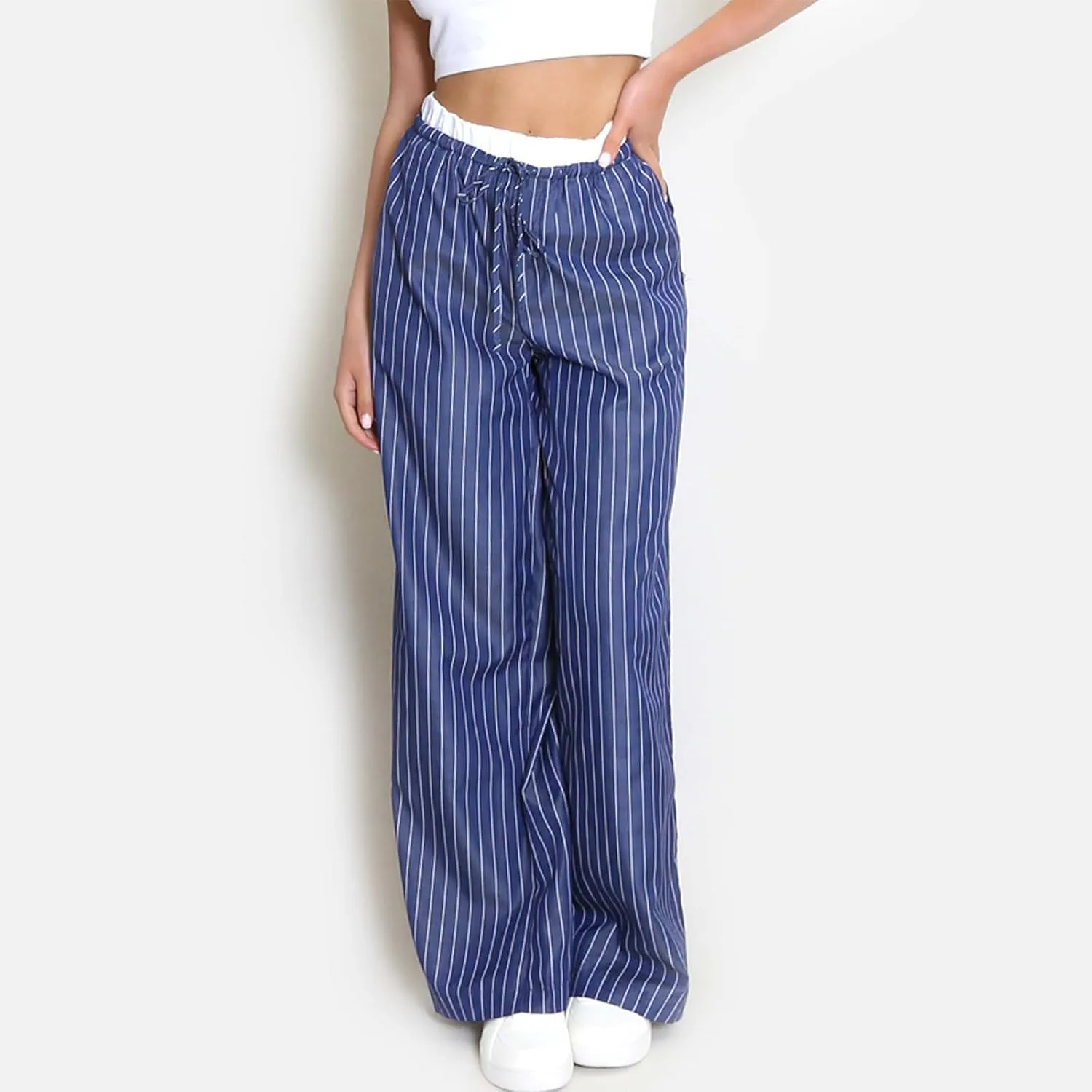 Women Striped Pants Fake Two-Piece High Waist Drawstring Straight Leg Trousers with Pockets