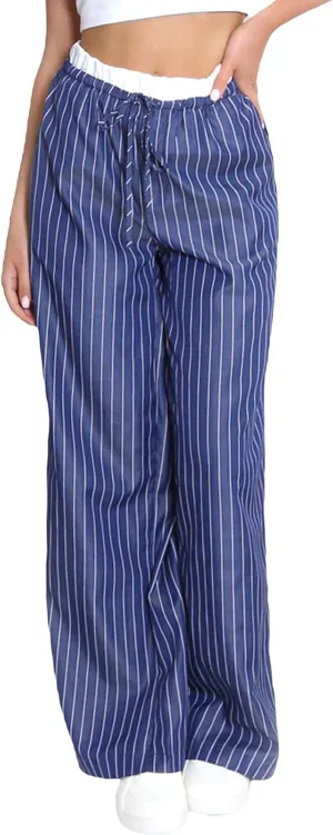 Women Striped Pants Fake Two-Piece High Waist Drawstring Straight Leg Trousers with Pockets