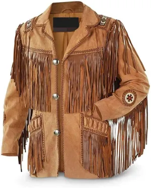 Women Traditional 100% Genuine Leather Suede Fringe Jacket Western Cowgirl Style Brown Native American Jackets