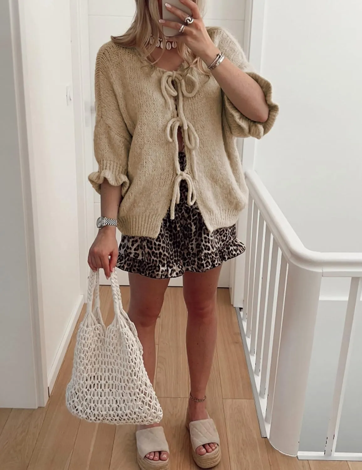 Women's 3/4 Sleeve Tie Front Cardigan Sweaters Lightweight Crew Neck Loose Bow Knit Sweater Tops