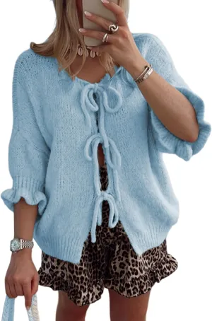 Women's 3/4 Sleeve Tie Front Cardigan Sweaters Lightweight Crew Neck Loose Bow Knit Sweater Tops