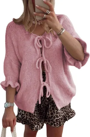 Women's 3/4 Sleeve Tie Front Cardigan Sweaters Lightweight Crew Neck Loose Bow Knit Sweater Tops