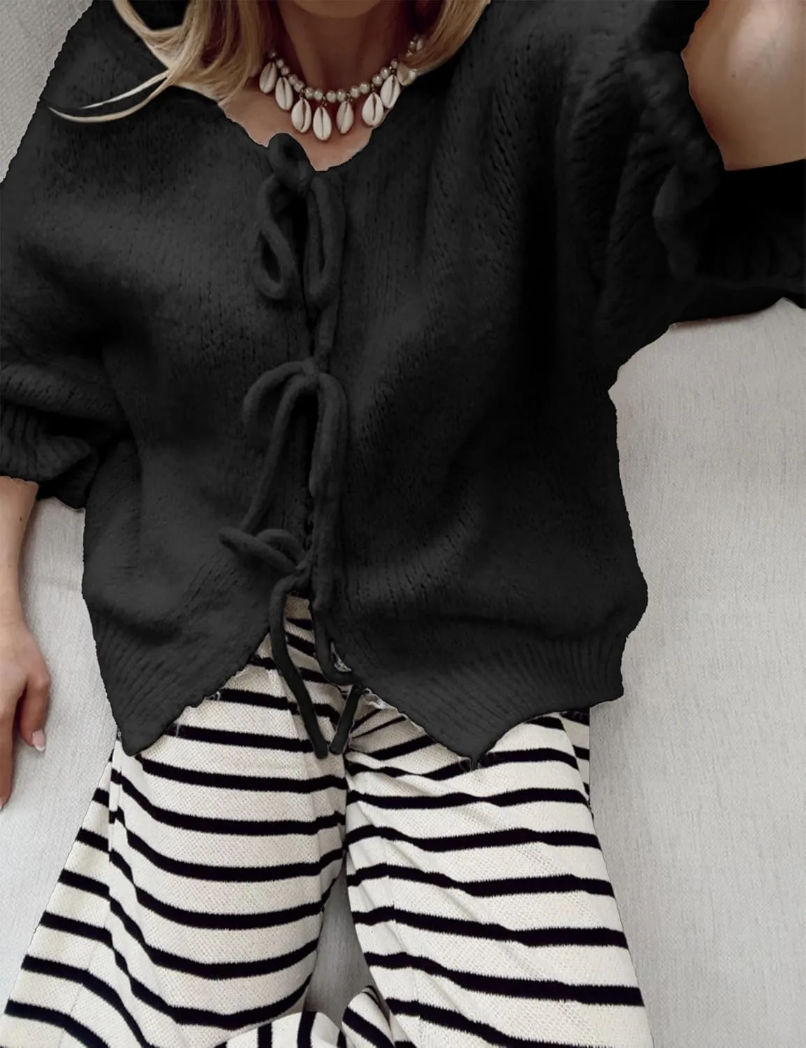 Women's 3/4 Sleeve Tie Front Cardigan Sweaters Lightweight Crew Neck Loose Bow Knit Sweater Tops