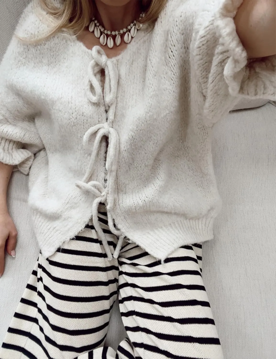 Women's 3/4 Sleeve Tie Front Cardigan Sweaters Lightweight Crew Neck Loose Bow Knit Sweater Tops