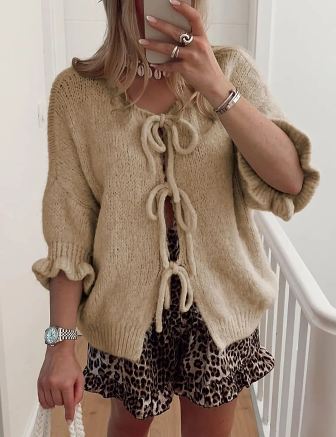 Women's 3/4 Sleeve Tie Front Cardigan Sweaters Lightweight Crew Neck Loose Bow Knit Sweater Tops