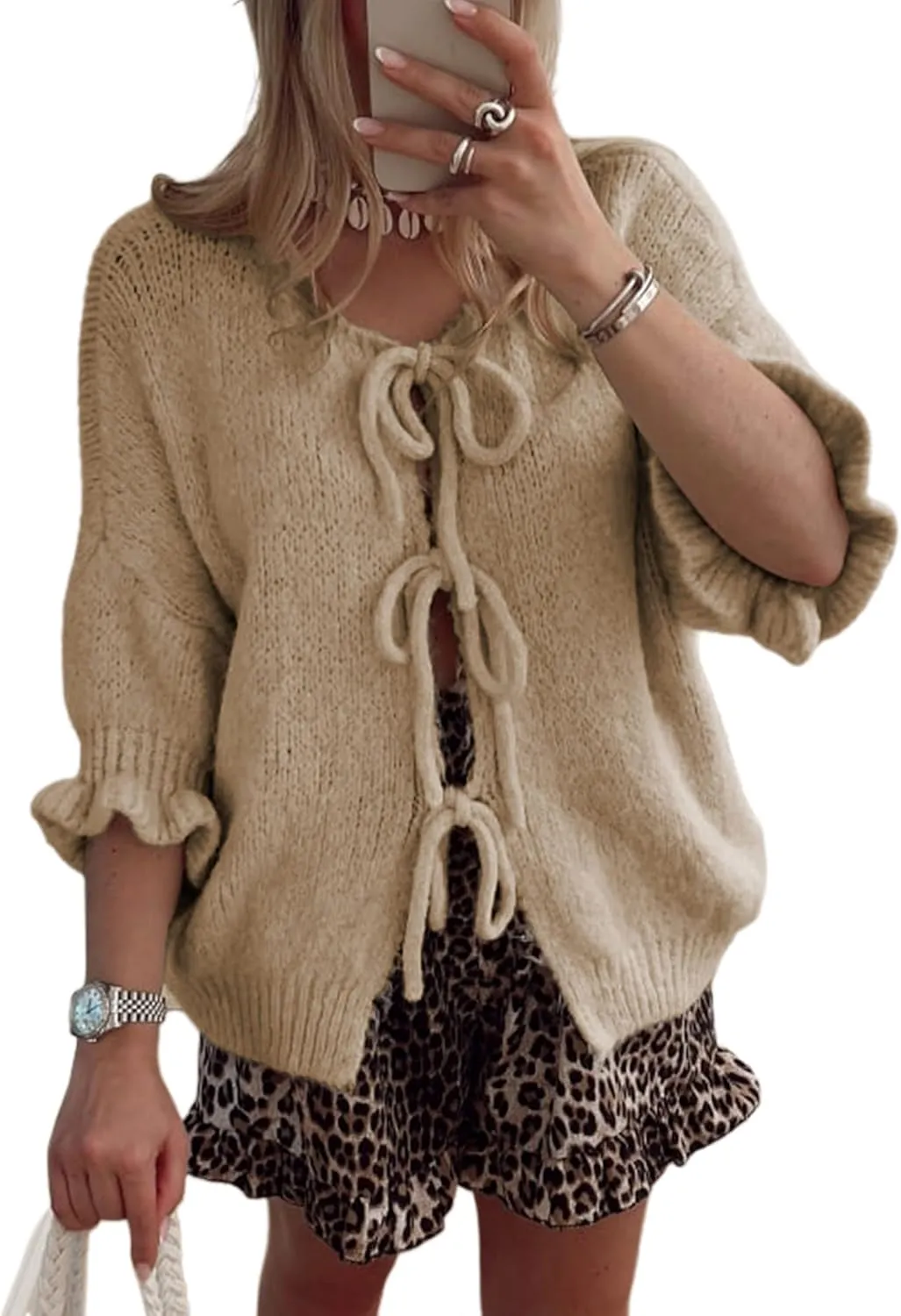 Women's 3/4 Sleeve Tie Front Cardigan Sweaters Lightweight Crew Neck Loose Bow Knit Sweater Tops
