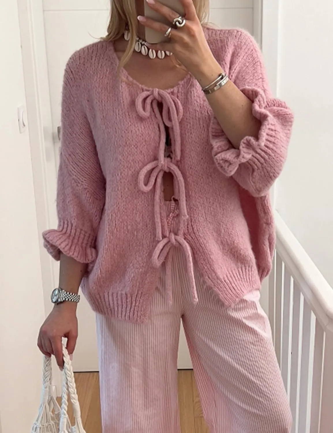 Women's 3/4 Sleeve Tie Front Cardigan Sweaters Lightweight Crew Neck Loose Bow Knit Sweater Tops
