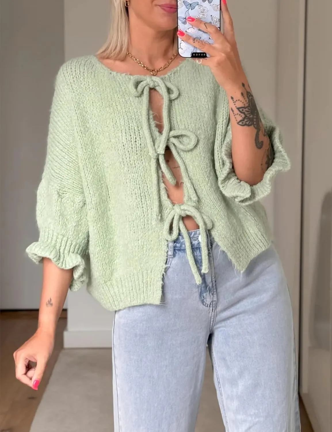 Women's 3/4 Sleeve Tie Front Cardigan Sweaters Lightweight Crew Neck Loose Bow Knit Sweater Tops