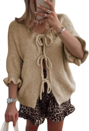 Women's 3/4 Sleeve Tie Front Cardigan Sweaters Lightweight Crew Neck Loose Bow Knit Sweater Tops
