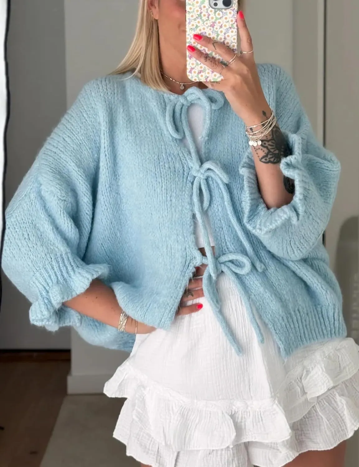Women's 3/4 Sleeve Tie Front Cardigan Sweaters Lightweight Crew Neck Loose Bow Knit Sweater Tops