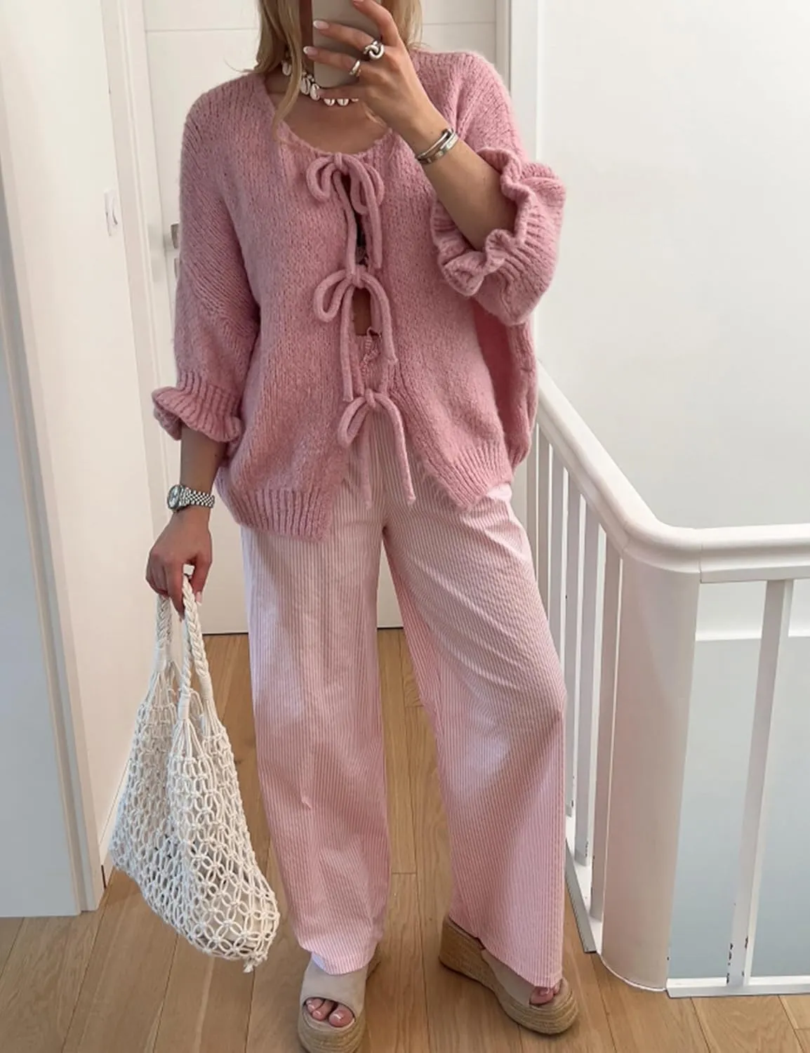 Women's 3/4 Sleeve Tie Front Cardigan Sweaters Lightweight Crew Neck Loose Bow Knit Sweater Tops