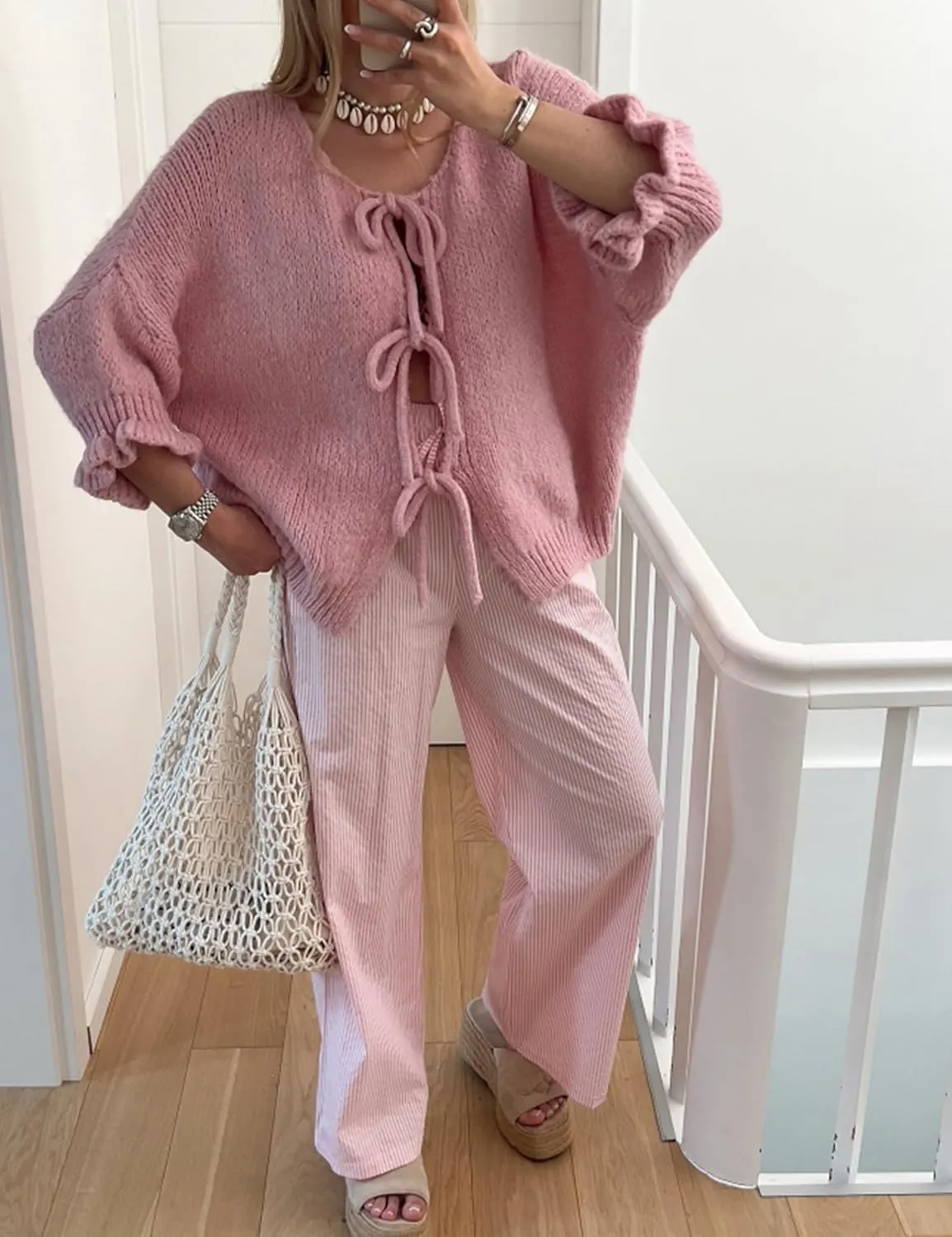 Women's 3/4 Sleeve Tie Front Cardigan Sweaters Lightweight Crew Neck Loose Bow Knit Sweater Tops