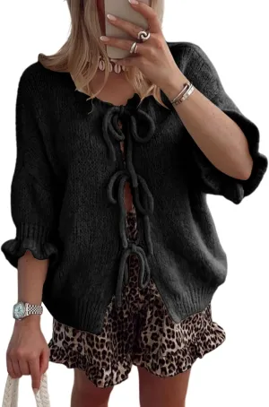 Women's 3/4 Sleeve Tie Front Cardigan Sweaters Lightweight Crew Neck Loose Bow Knit Sweater Tops