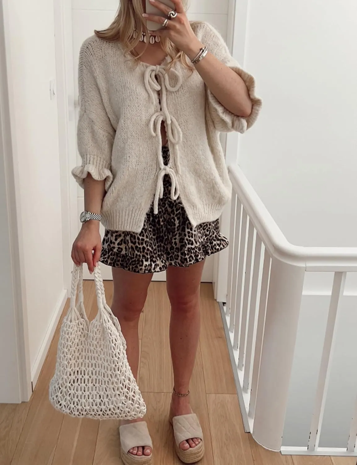Women's 3/4 Sleeve Tie Front Cardigan Sweaters Lightweight Crew Neck Loose Bow Knit Sweater Tops