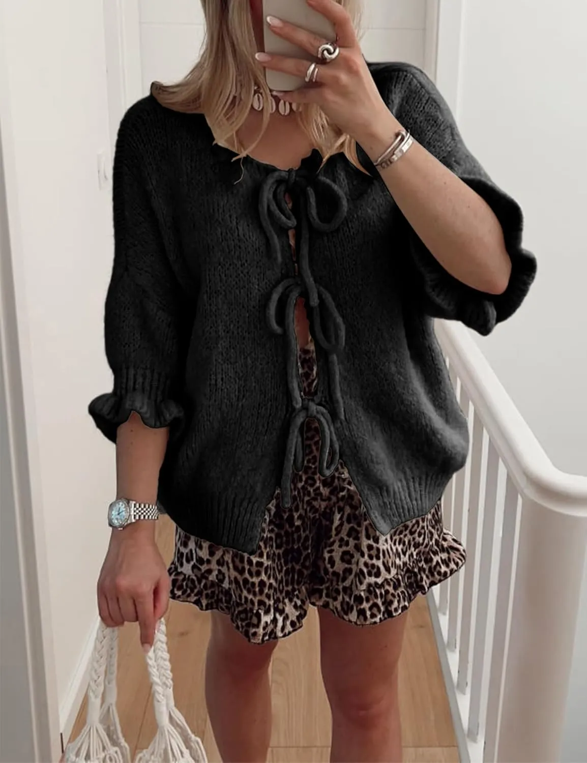 Women's 3/4 Sleeve Tie Front Cardigan Sweaters Lightweight Crew Neck Loose Bow Knit Sweater Tops