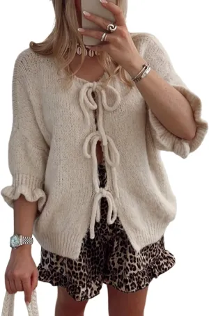 Women's 3/4 Sleeve Tie Front Cardigan Sweaters Lightweight Crew Neck Loose Bow Knit Sweater Tops