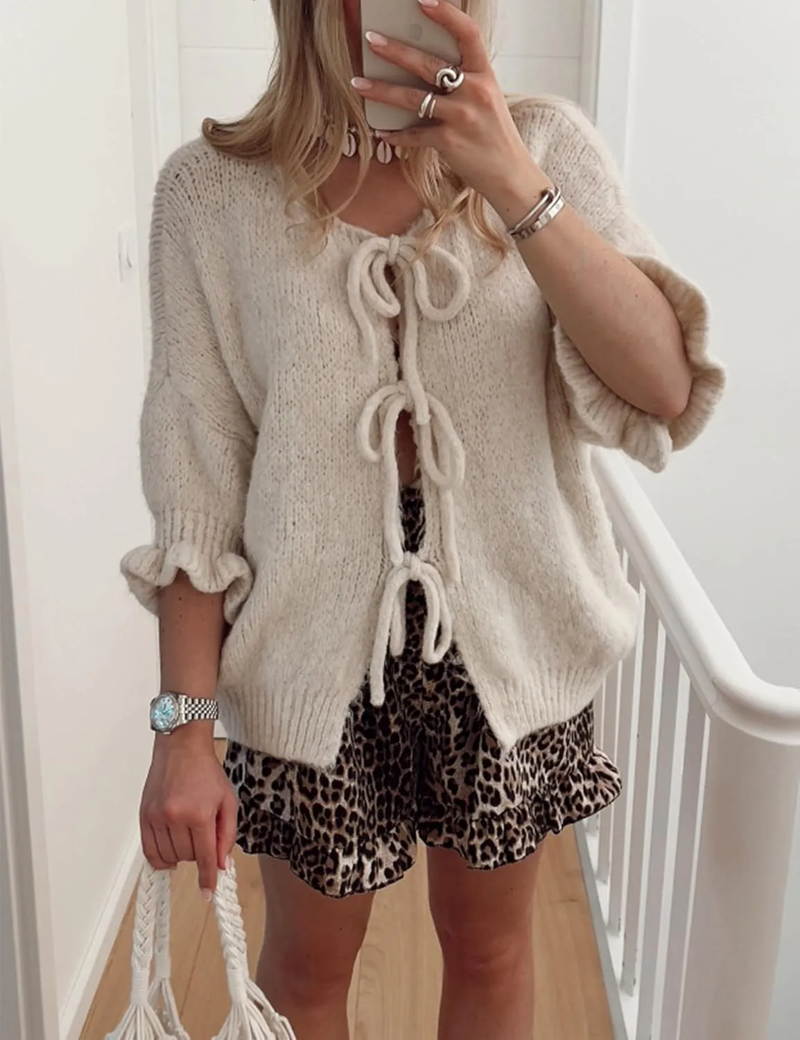 Women's 3/4 Sleeve Tie Front Cardigan Sweaters Lightweight Crew Neck Loose Bow Knit Sweater Tops