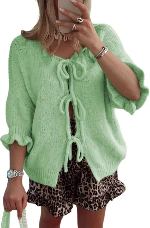 Women's 3/4 Sleeve Tie Front Cardigan Sweaters Lightweight Crew Neck Loose Bow Knit Sweater Tops