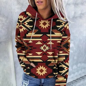 Women's Aztec Ethnic Style Hoodies Sweatshirts Casual Western Print Tops Long Sleeve Pocket Hooded Sweatshirt