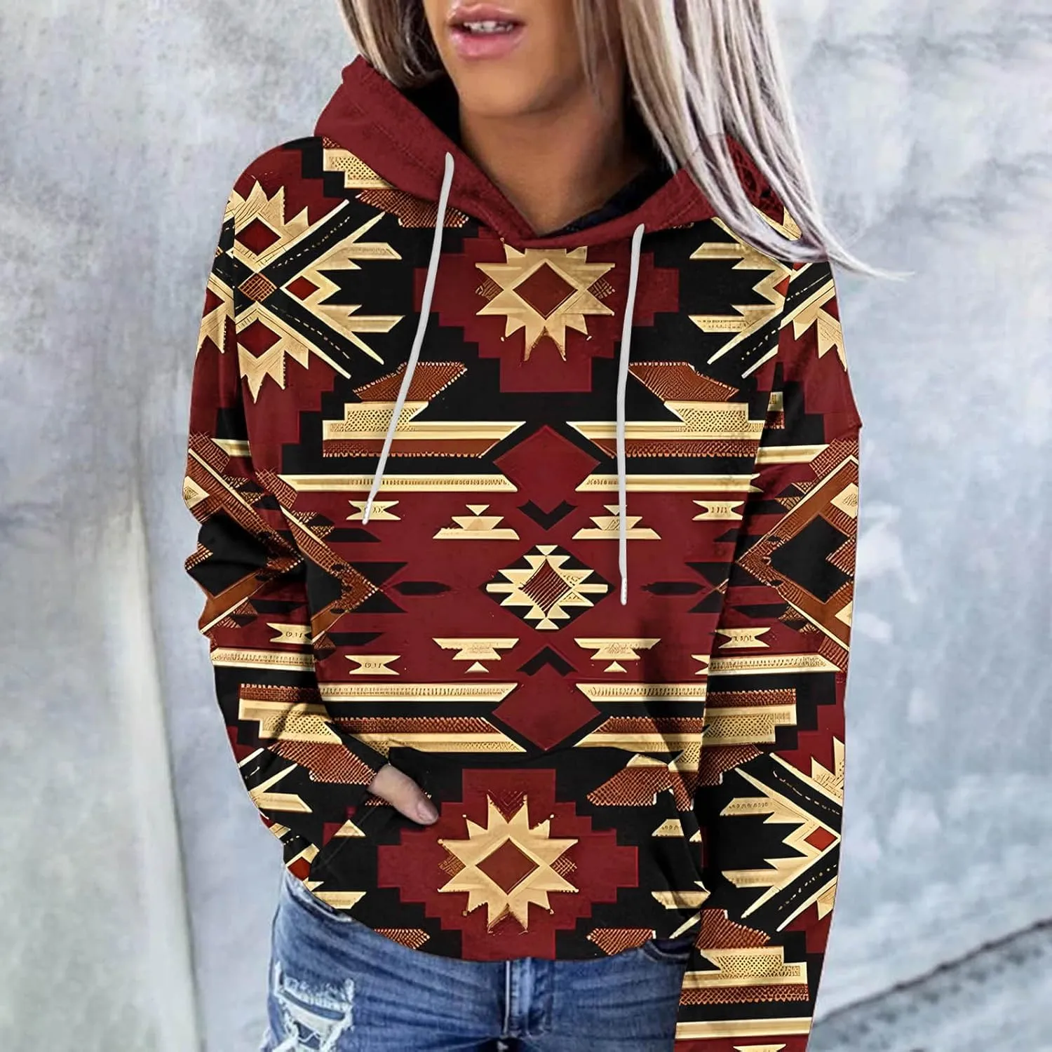 Women's Aztec Ethnic Style Hoodies Sweatshirts Casual Western Print Tops Long Sleeve Pocket Hooded Sweatshirt