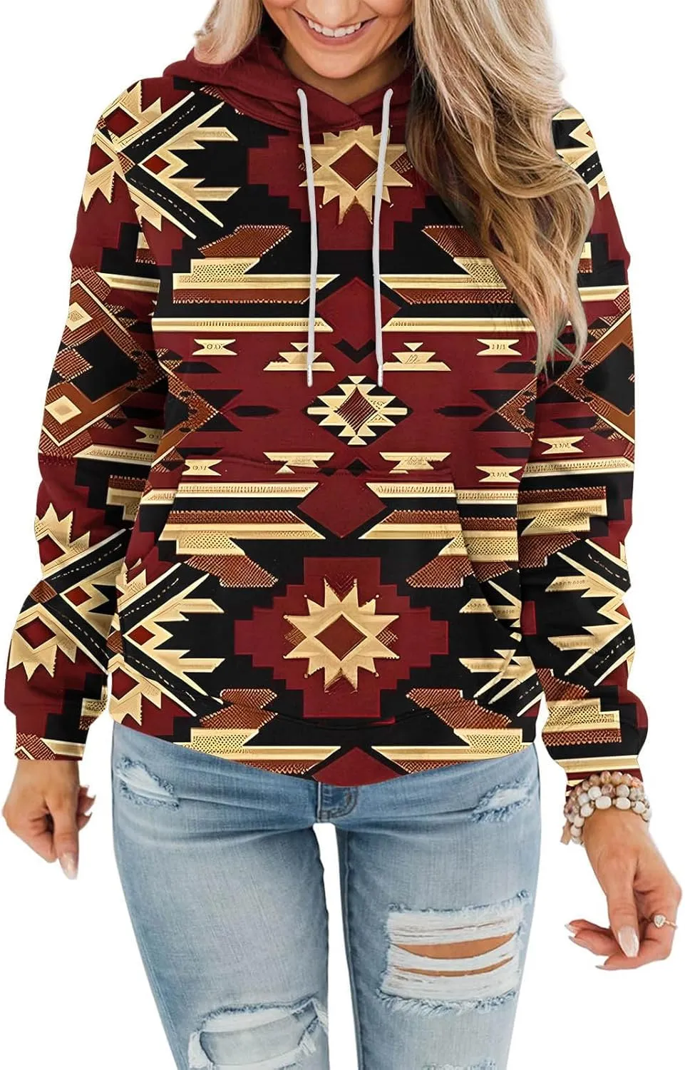 Women's Aztec Ethnic Style Hoodies Sweatshirts Casual Western Print Tops Long Sleeve Pocket Hooded Sweatshirt