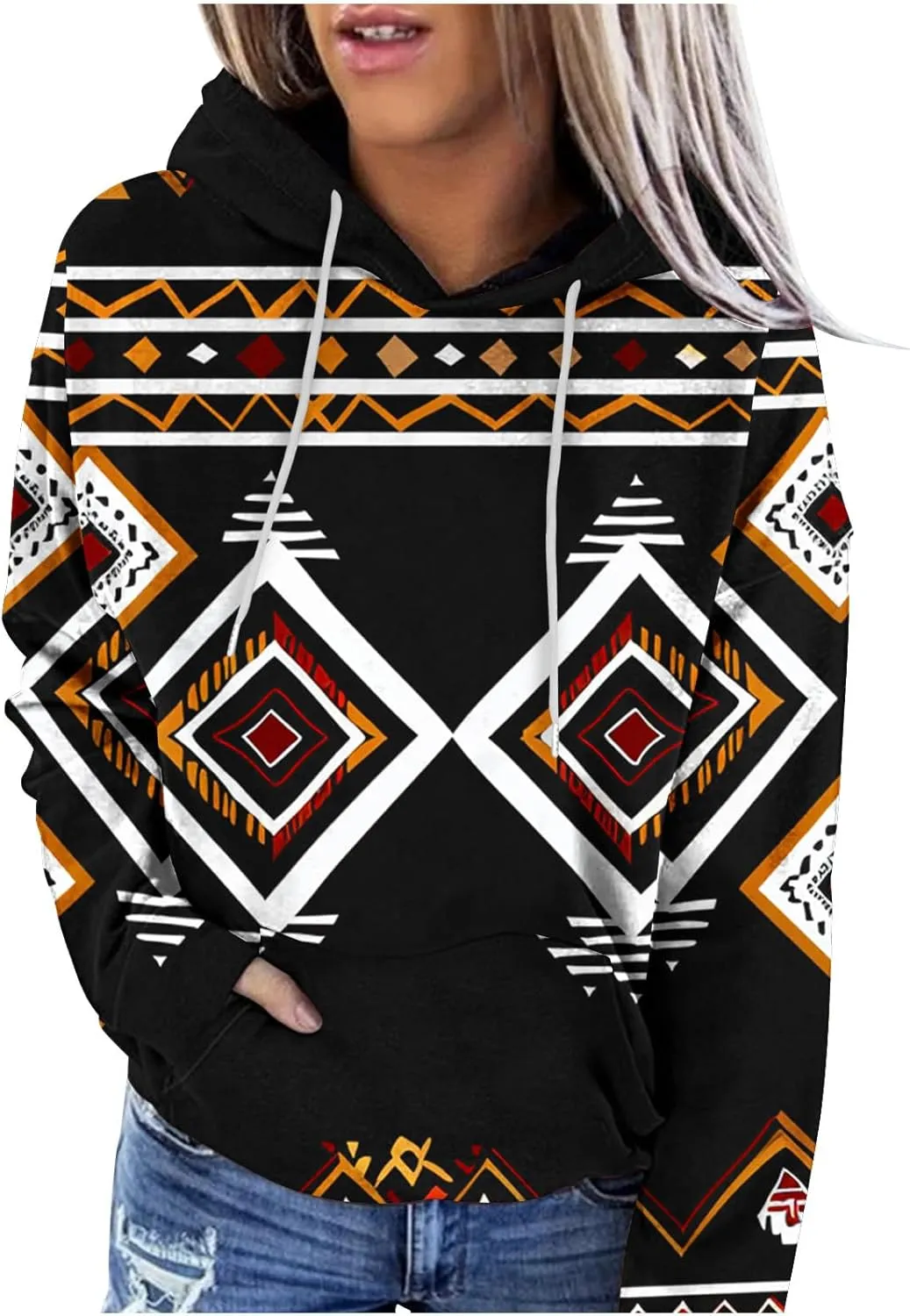 Women's Aztec Ethnic Style Hoodies Sweatshirts Casual Western Print Tops Long Sleeve Pocket Hooded Sweatshirt