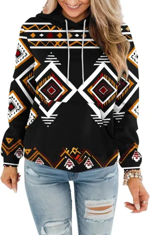 Women's Aztec Ethnic Style Hoodies Sweatshirts Casual Western Print Tops Long Sleeve Pocket Hooded Sweatshirt