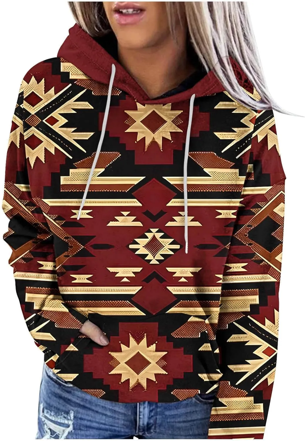 Women's Aztec Ethnic Style Hoodies Sweatshirts Casual Western Print Tops Long Sleeve Pocket Hooded Sweatshirt