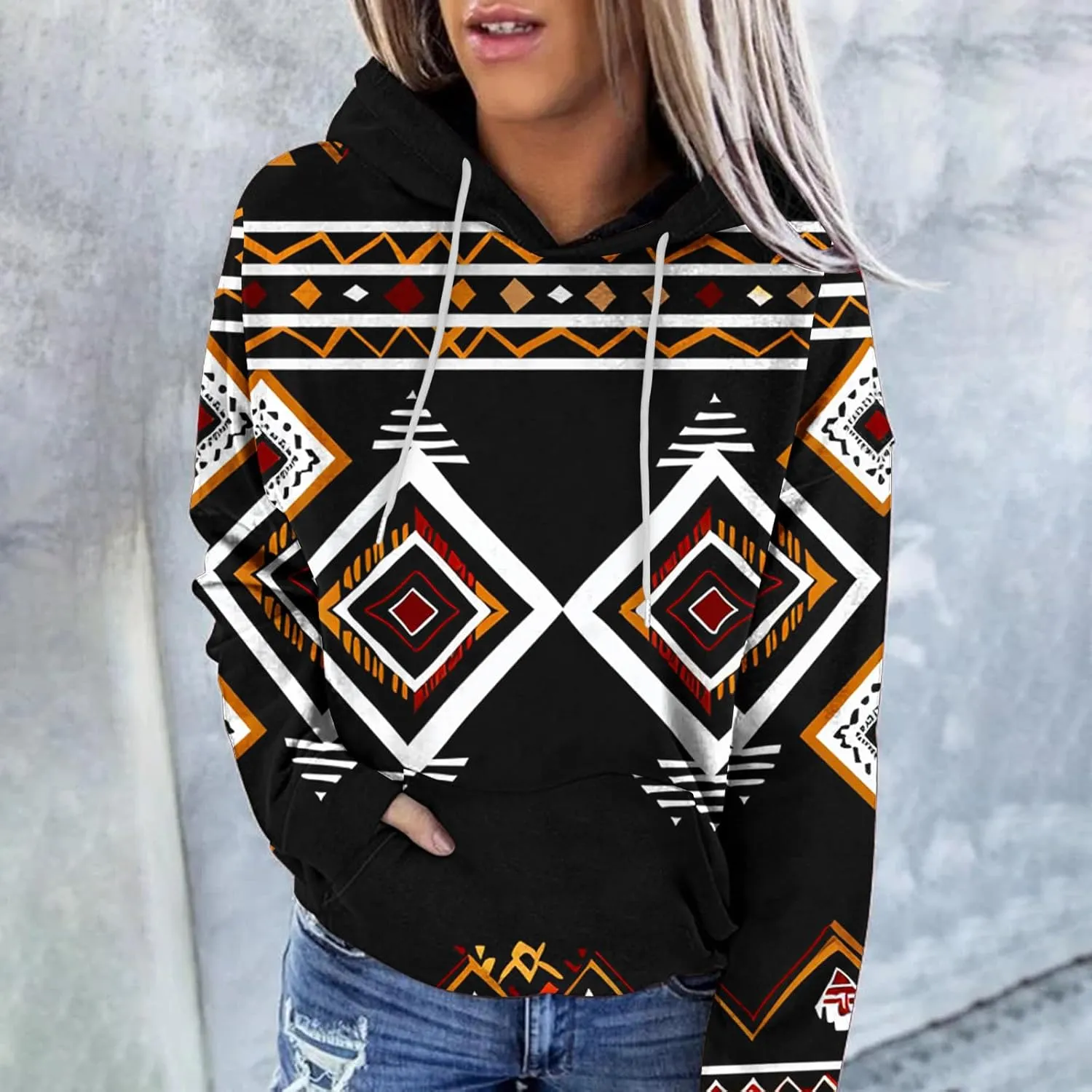Women's Aztec Ethnic Style Hoodies Sweatshirts Casual Western Print Tops Long Sleeve Pocket Hooded Sweatshirt